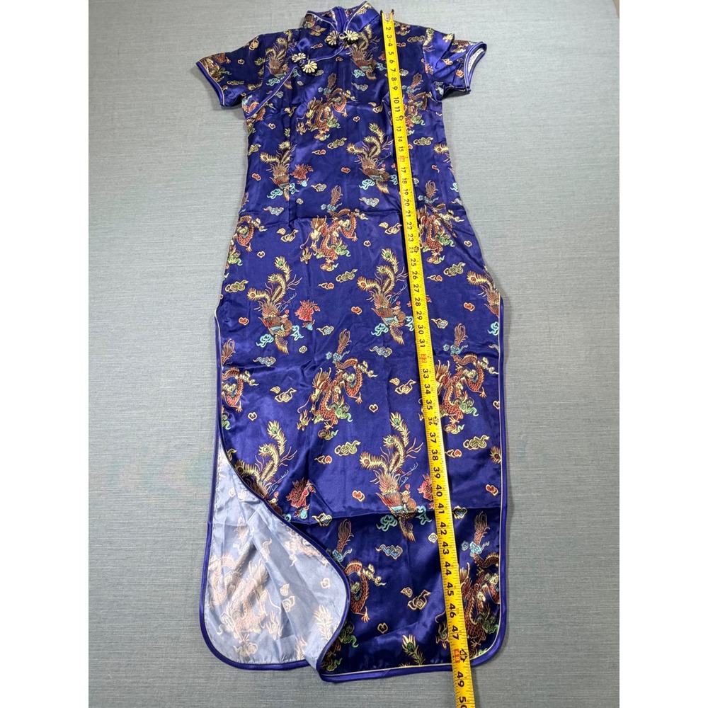Hong Shang Jia Blue Dragon Phoenix Satin Cheongsam Qipao Maxi Dress XL - Picture 6 of 9